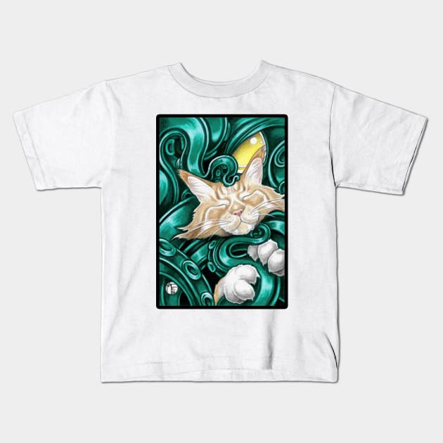 Ginger Cat And Cthulhu Friend - Black Outlined Version Kids T-Shirt by Nat Ewert Art